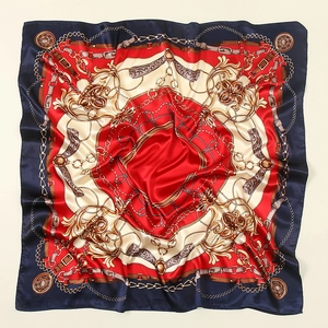 Elegant 90cm square silk scarf featuring royal chain and rope prints with red and navy tones