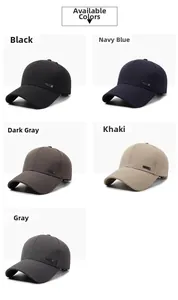 Detailed grid of baseball caps available in black, navy, dark grey, khaki and grey