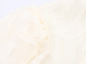 Macro view of cream white French lace fabric with hollow-out jacquard and ruffle textures