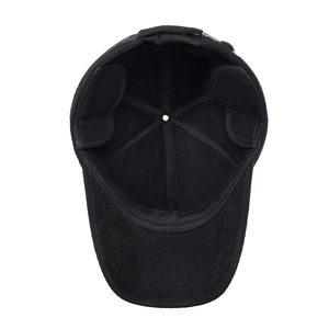 Winter black corduroy baseball cap for men featuring warm earflaps and thick lining