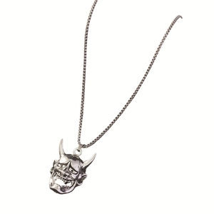 Silver Japanese Hannya mask pendant on a metal box chain necklace for men and women
