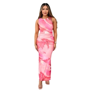 Pink marble print sleeveless slim fit long dress with pleated waist detail for women