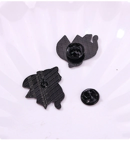 Detailed back view of black metal pins with butterfly clutch and non-slip texture