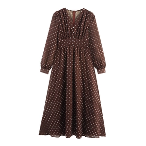 Robe Maxi En Mousseline À Pois Vintage Col En V Manches Longues Taille Haute Élégante Rétro Pour Femmes