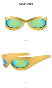 Detail view of gold futuristic sunglasses with blue-green gradient reflective lenses