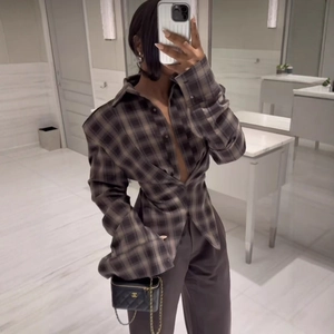 Women Plaid Button Down Shirt Long Sleeve Polyester Casual Retro Fashion Lapel Blouse Top Elegant Streetwear
