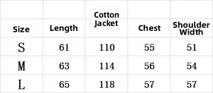 Size guide for women's winter floral jacket with measurements for S, M and L sizes