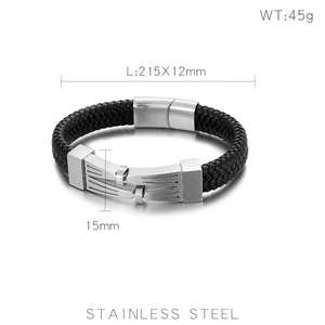 Détail du bracelet tressé pour homme en cuir avec fermoir magnétique en acier et dimensions