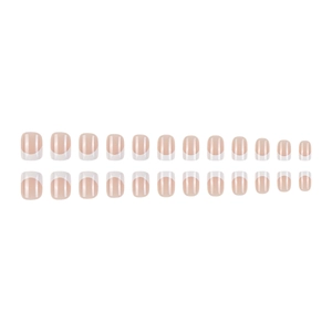 Short square nude French press-on nails set with 24 pieces in a neat flat lay arrangement