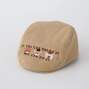 Detail of three bears embroidery and motivational text on khaki cotton beret cap