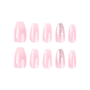 Pink and white gradient press-on nails with glitter finish in medium coffin shape