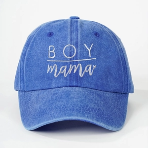 Classic washed blue cotton baseball cap with white BOY mama embroidery and curved brim