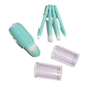 Five-in-one portable mint green makeup brush set with retractable fiber bristles