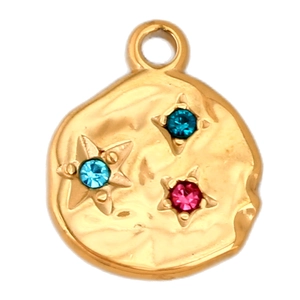 Close-up of a gold vintage moon pendant with inlaid blue and pink star-set zircons