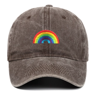 Detailed close-up of rainbow embroidery on a vintage washed cotton baseball cap
