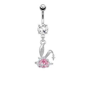 Macro view of silver bunny navel ring with pink heart crystal and sparkling planetary halo