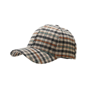 Classic plaid baseball cap in textured tweed with orange and blue vintage check pattern