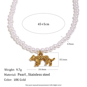 18K gold plated stainless steel tiger pendant necklace with elegant white round pearls