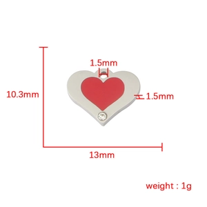 Polished silver heart pendant with red inlay, diamond accent, and detailed dimensions
