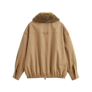 Khaki utility jacket for women with removable faux fur collar shown from the back
