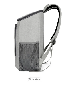 Side view of gray outdoor insulated backpack with black mesh pocket on white background