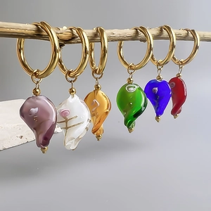 Irregular Water Ripple Drop Earrings Gold Plated Stainless Steel With Colorful Glazed Glass Floral Pattern Jewelry For Women