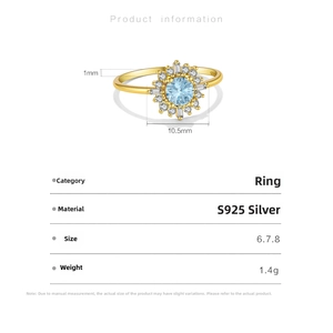 Détail des dimensions de la bague en argent S925 avec zircon bleu de 10,5 mm