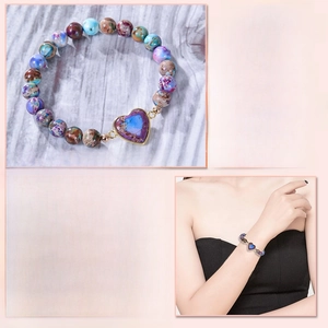 Detail view of 8mm emperor stone beaded bracelet with heart pendant and size specifications