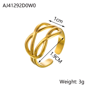Detailed view of gold plated wavy line ring with 1cm band width and dimensions
