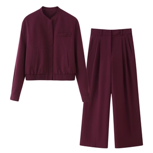 Women Bomber Jacket And Wide Leg Pants High Waist Pleated Burgundy Polyester Casual Office Wear