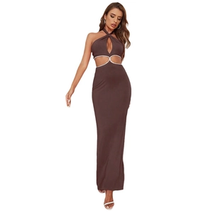 Elegant dark coffee halter maxi dress with waist cut-out and silver rhinestone accents