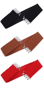 Three-color set of wide elastic belts in black, brown, and red with silver metal buckles