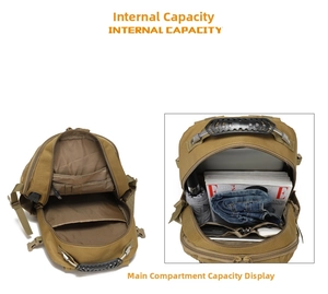Detail view of khaki tactical backpack interior compartments and main storage capacity