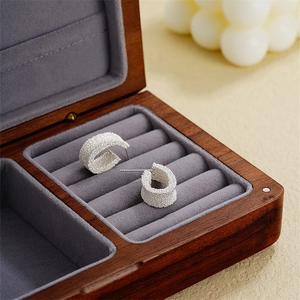 Frosted silver C-shaped geometric earrings displayed in a premium wooden jewelry box