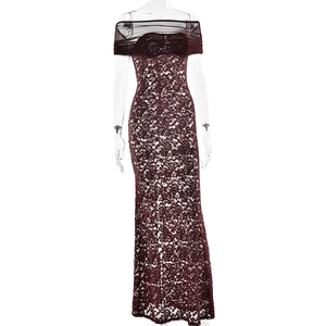 Detailed macro view of the wine red lace texture and off-shoulder slim fit gown design