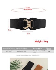 Size chart showing adjustable 6cm wide elastic belt with gold geometric metal buckle
