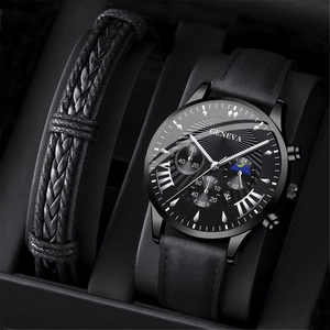 Men's minimalist black quartz watch set with braided leather bracelets in gift box