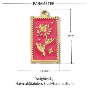 Detailed dimensions of pink enamel floral pendant in gold stainless steel frame