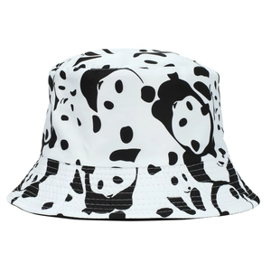 White reversible sun hat with panda print and polka dots, casual bucket hat for women