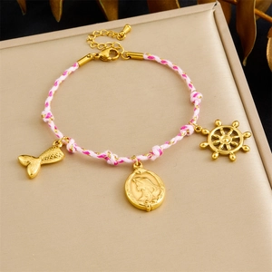 Bracelet Corde Tressée Acier Inoxydable Plaqué Or Pendentifs Queue De Poisson Sirène Gouvernail Bijoux Nautiques Réglables