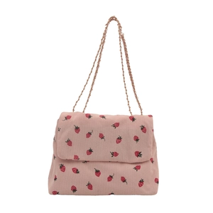 Pink corduroy shoulder bag with red strawberry print and golden chain strap for women