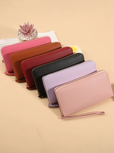 Macaron color long wallets for women with litchi grain texture and wrist strap set