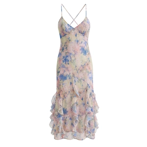 Floral Maxi Dress V Neck Spaghetti Straps Backless Ruffle Hem Summer Beach Chiffon Sexy Long Sun Dress For Women