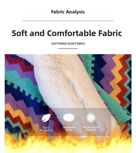 Close-up of colorful wavy knit poncho with thick white faux fur lining and soft texture