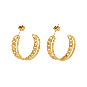 Retro 18K gold plated chain link earrings in a double C-shaped design on white background