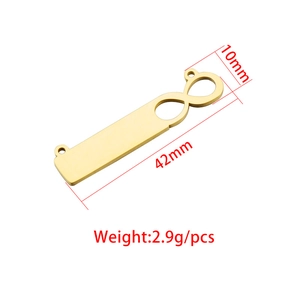 Polished gold infinity pendant with dimensions 42mm by 10mm weighing 2.9g on white background