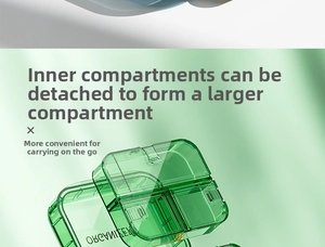 Close-up of green portable pill organizer with adjustable internal compartments and dividers