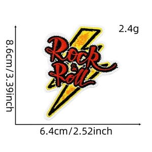 Detailed view of Rock Roll lightning bolt embroidery patch with exact dimensions