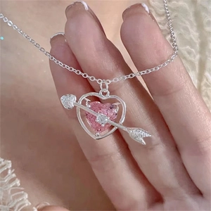 Pink heart cupid arrow necklace with silver chain and white diamonds for women
