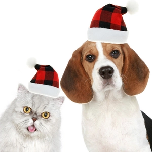 Gros plan de chats et chiens portant des bonnets de Noël à carreaux rouges et noirs à pompons